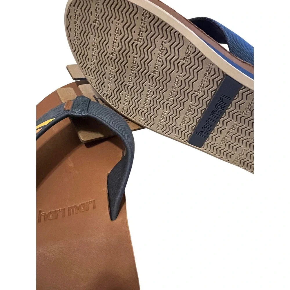 Hari Mari Flip Flops Men's Size 10 Brown Blue Stripe Memory Foam Toe Thong Sanda
